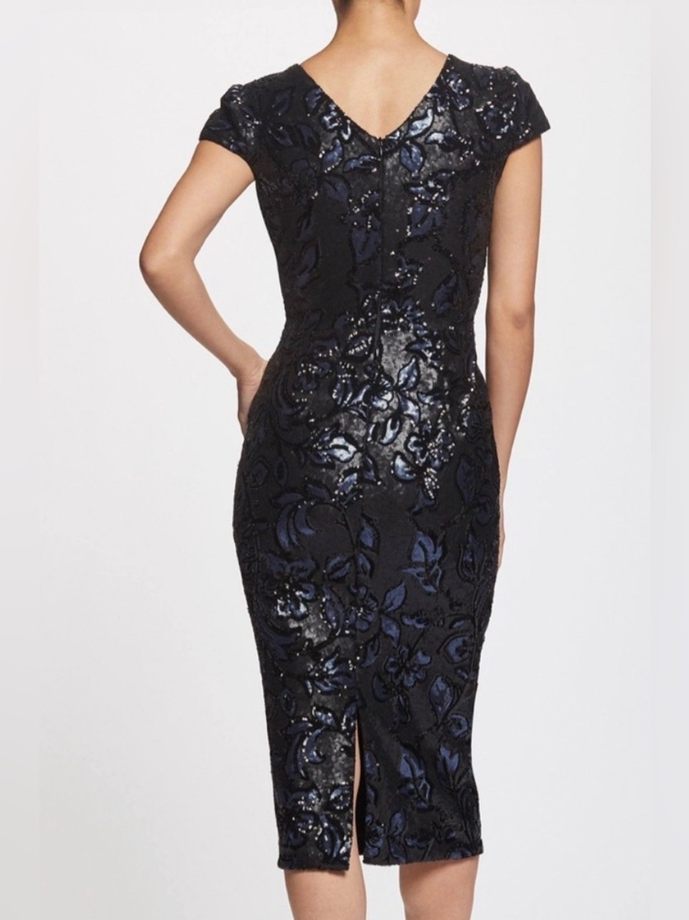 Dress the Population Allison Sequin Midi Dress Black Blue Size Large EUC - Picture 3 of 17